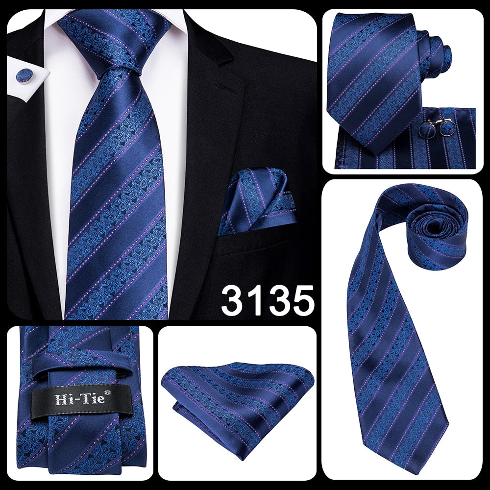 Blue silk men's business tie with dot pattern, plaid cufflinks, and matching accessories for wedding or formal occasions.
