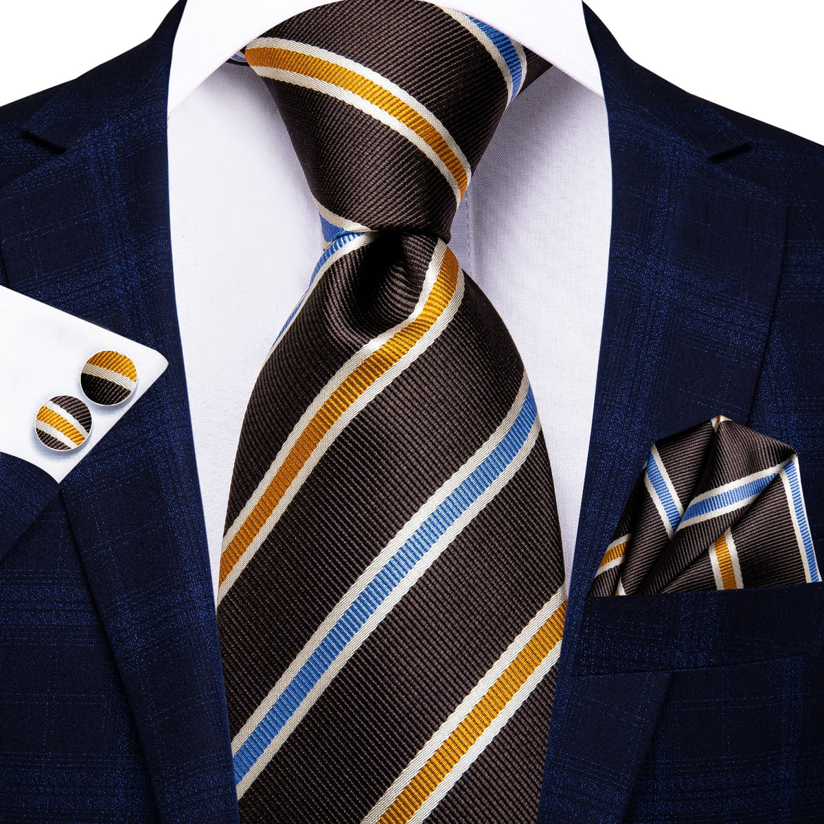 Set of accessories including a blue and black striped silk necktie, pocket square, and cufflinks for business and wedding attire.