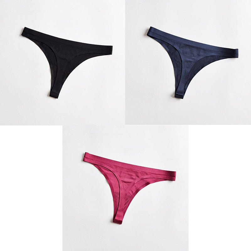Three-pack of seamless ice silk thong underwear featuring T-back G-string style, designed for comfort and smooth fit.