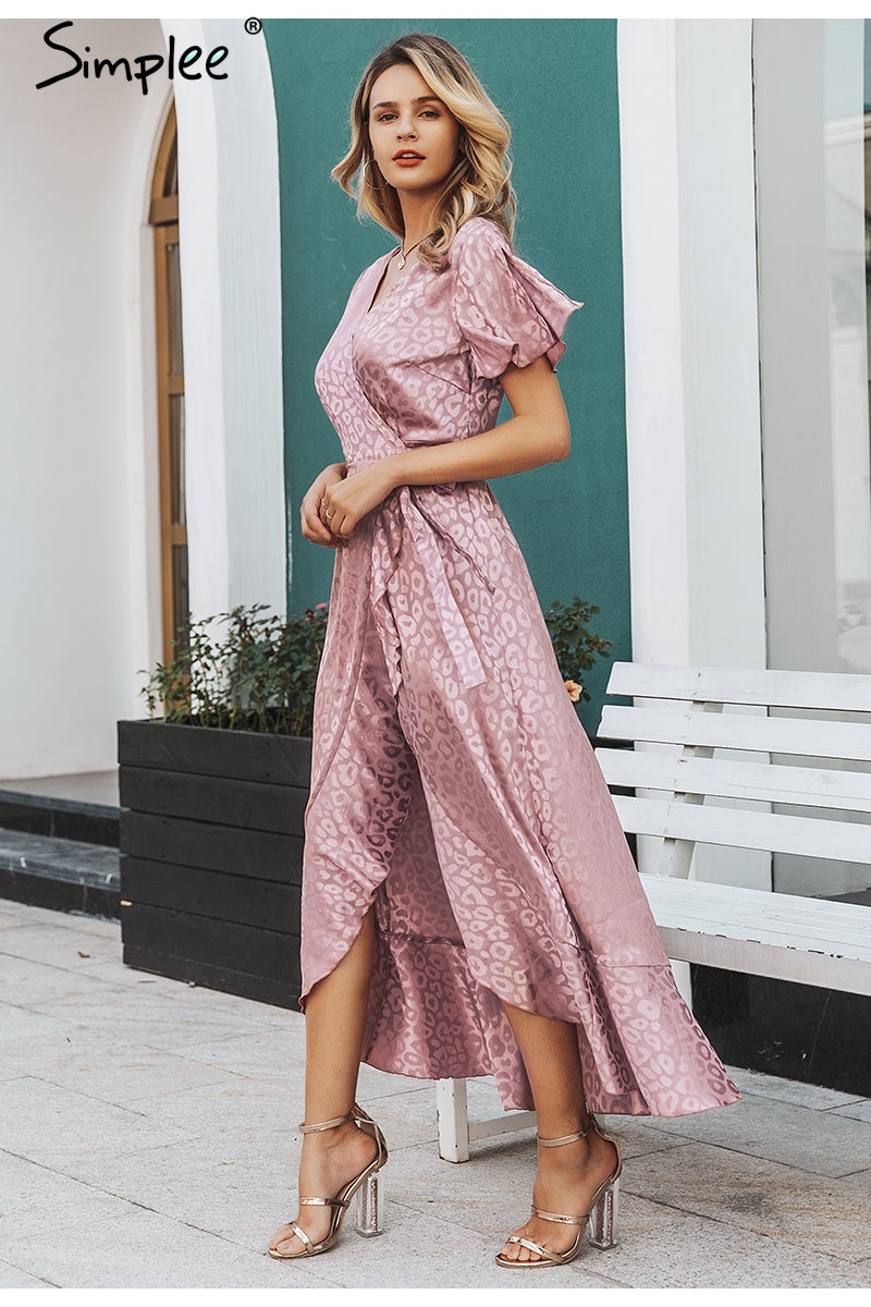 Leopard print party dress by The Clothing Company Sydney featuring V-neck, short sleeves, ruffled lace trim, and a split hem.