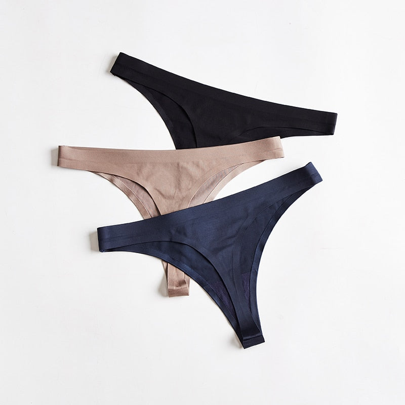 Three-pack of seamless ice silk T-back G-string underwear by The Clothing Company Sydney, lightweight and comfortable ladies lingerie.