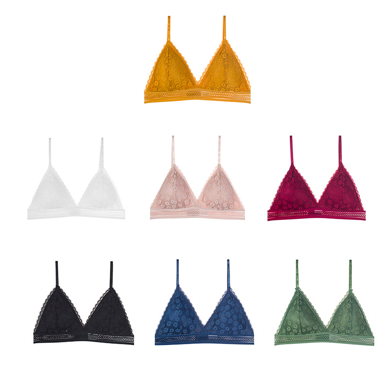 Floral lace bra top from The Clothing Company Sydney featuring push-up style, wireless design, breathable fabric, and removable pads.