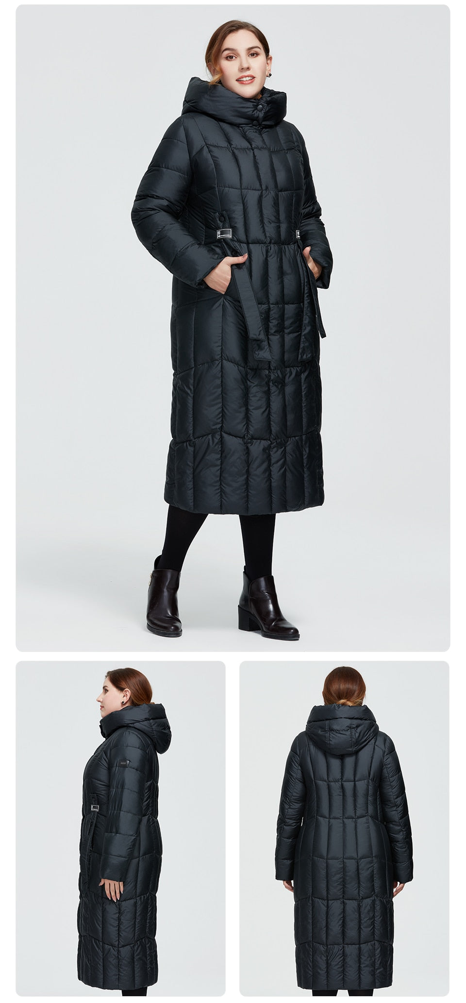 Long plaid winter women's coat by The Clothing Company Sydney, warm hooded parka with thick insulation and large sizes.