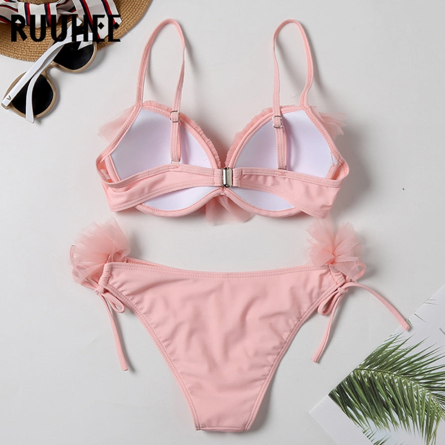 Brazilian leopard print 2-piece bandeau bikini swimwear for women with ruffle details and push-up style, by The Clothing Company Sydney.