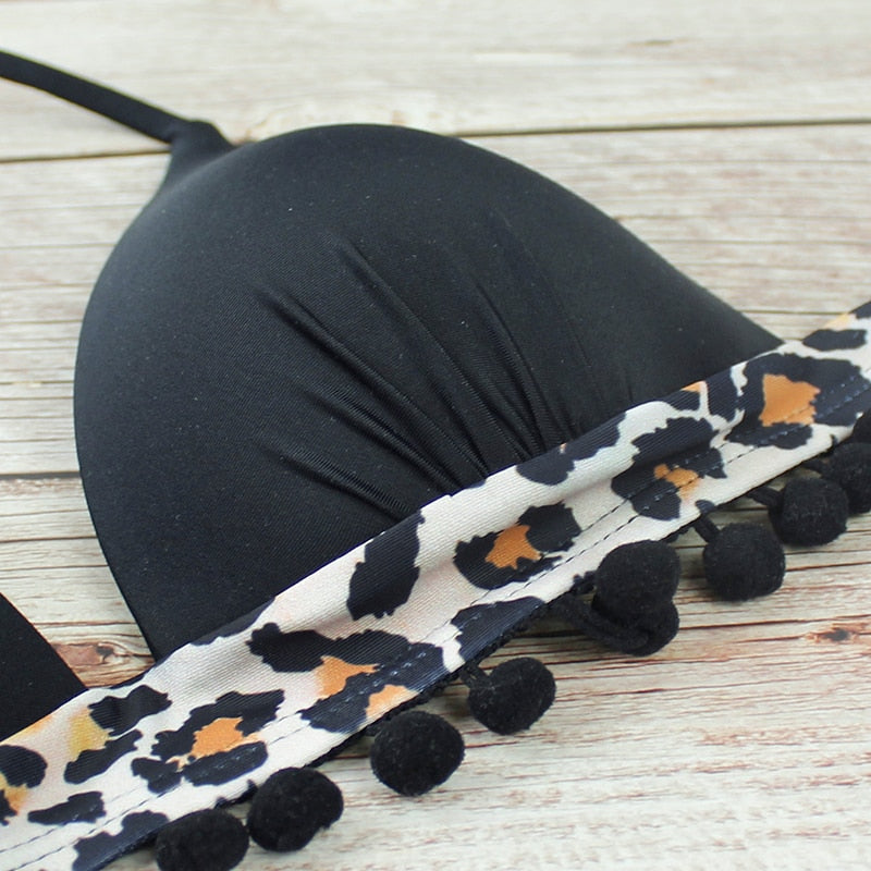 Black tassel bikini set with leopard print by The Clothing Company Sydney, featuring push-up design and summer beach style.