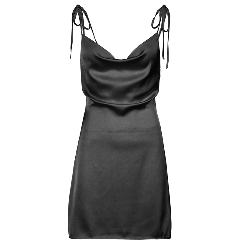 Backless satin sleeveless mini sundress with strappy design from The Clothing Company Sydney, perfect for summer casual wear.