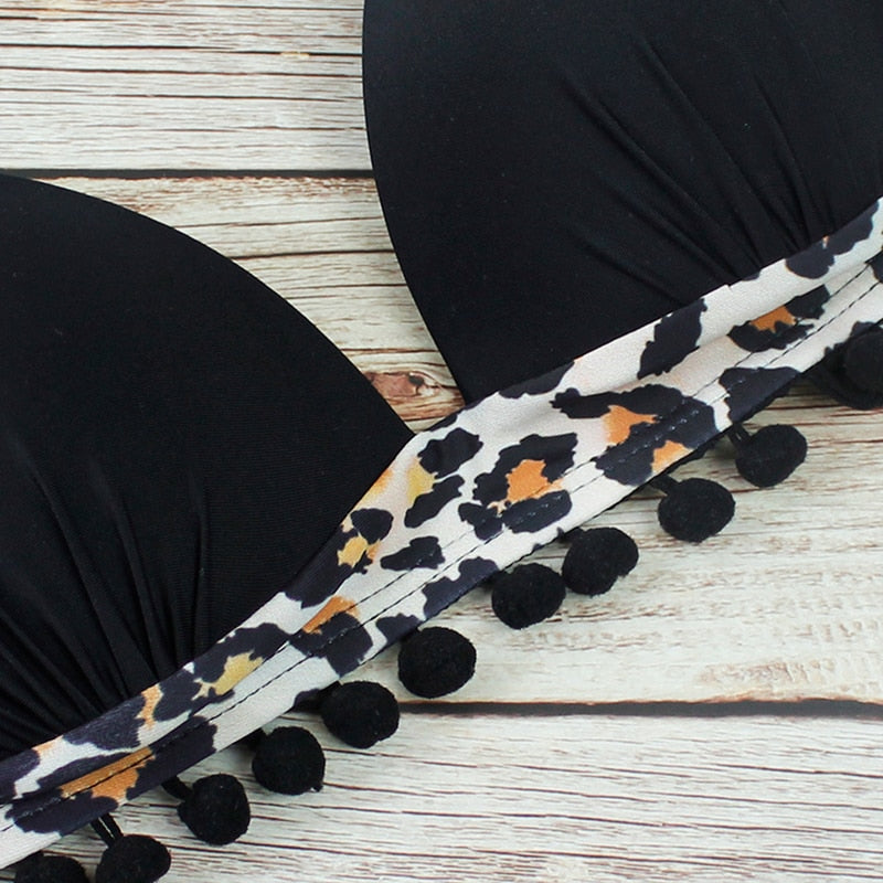 Black leopard print bikini set with tassels, push-up design, and Brazilian style from The Clothing Company Sydney.