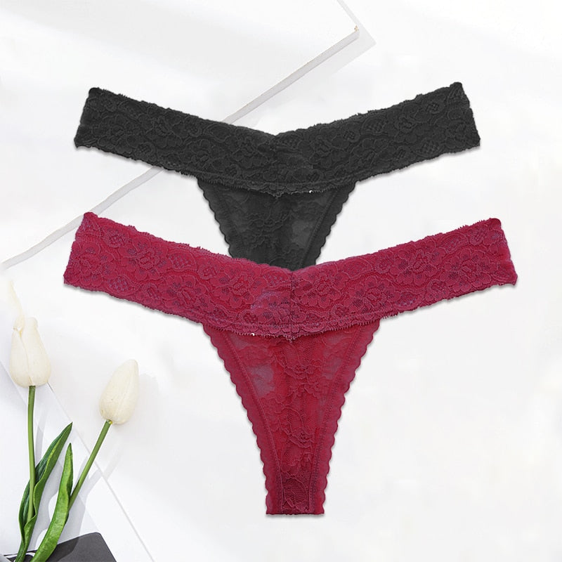 Two pack lace G-string thong panties with floral design, transparent underpants, lingerie briefs from The Clothing Company Sydney.