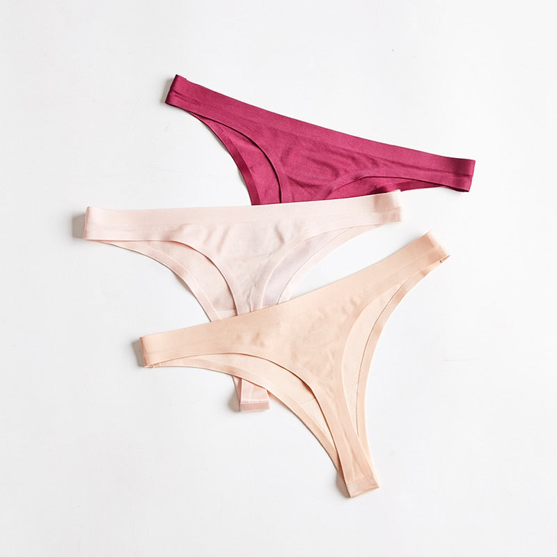 Three-pack of seamless ice silk thong underwear from The Clothing Company Sydney, T-back G-string style, soft and comfortable ladies underpants.
