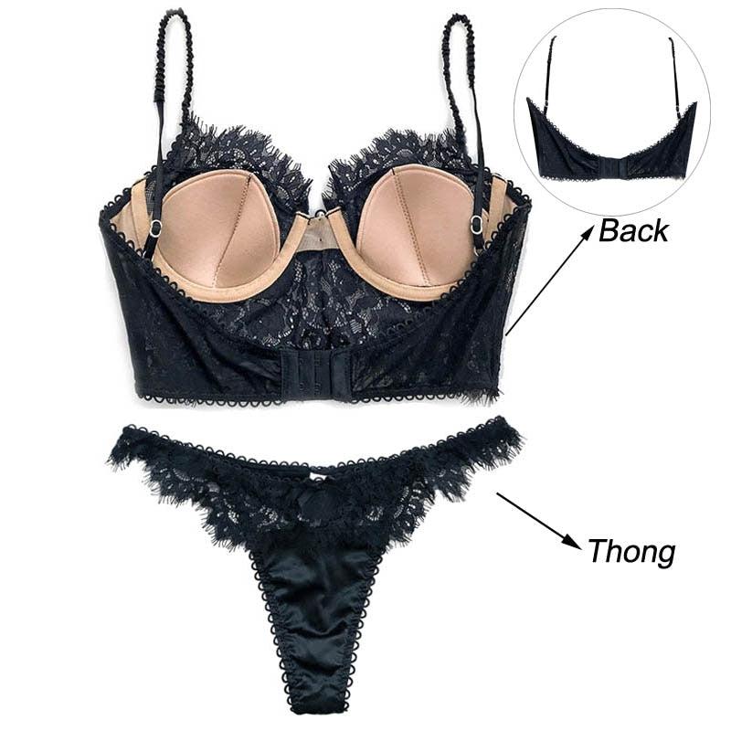 Ultra thin lace lingerie set with bralette and panty, featuring eyelash lace details and push-up design from The Clothing Company Sydney.