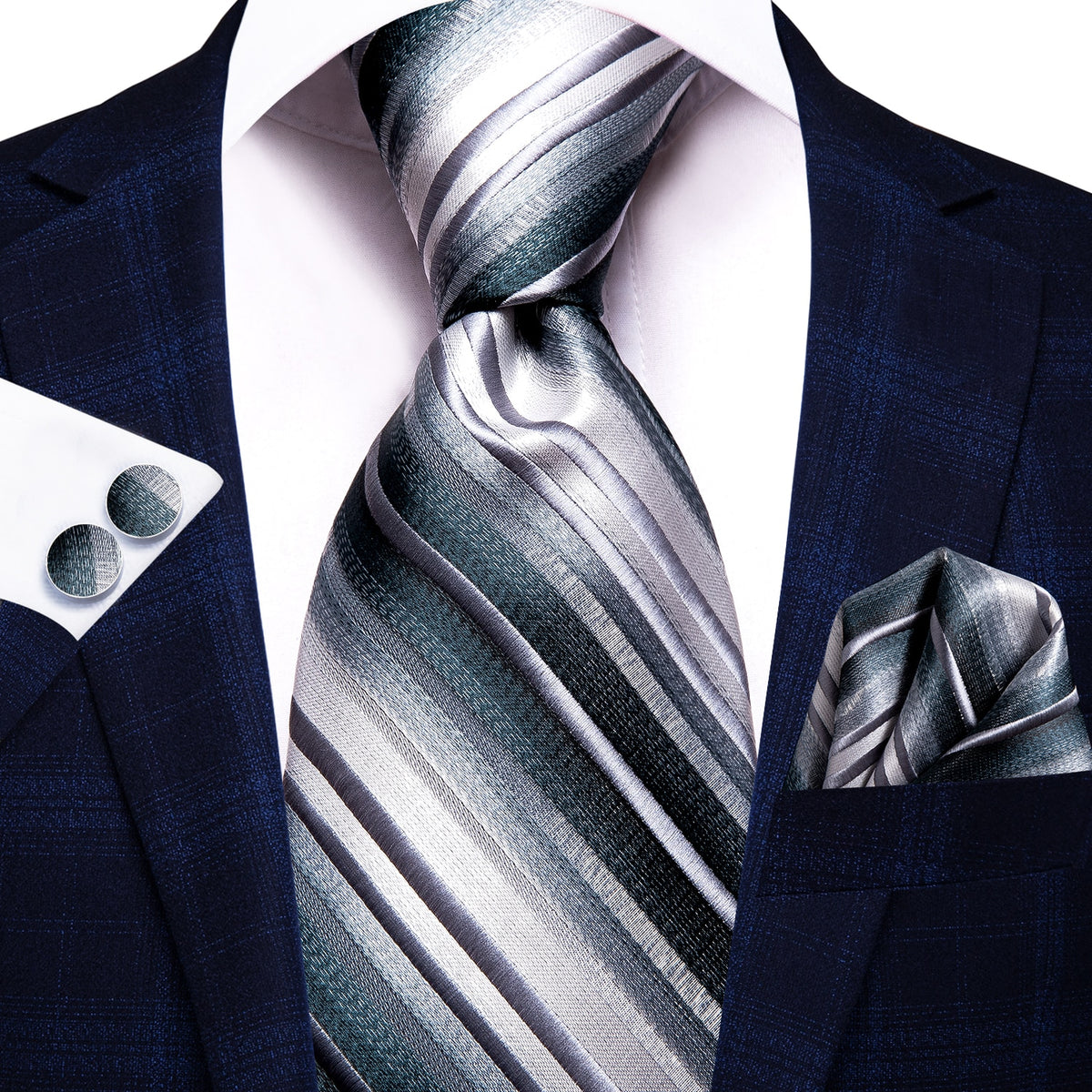 Three-piece men's accessories set including a blue and black striped silk necktie, pocket square, and cufflinks.
