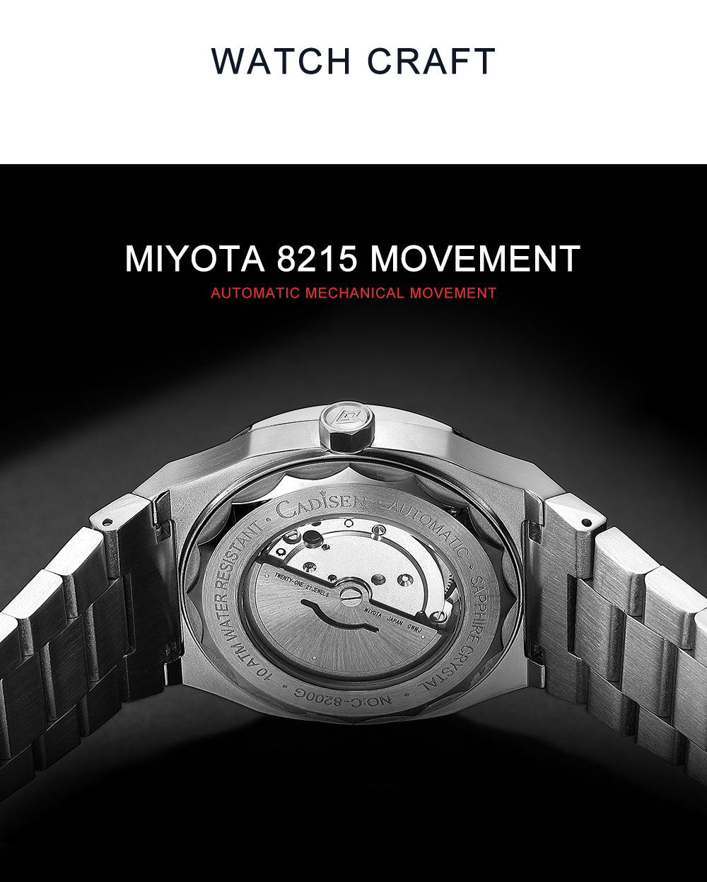 Cadisen men's diver watch with sapphire crystal, automatic MIYOTA 8215 movement, German design, water-resistant to 10Bar.
