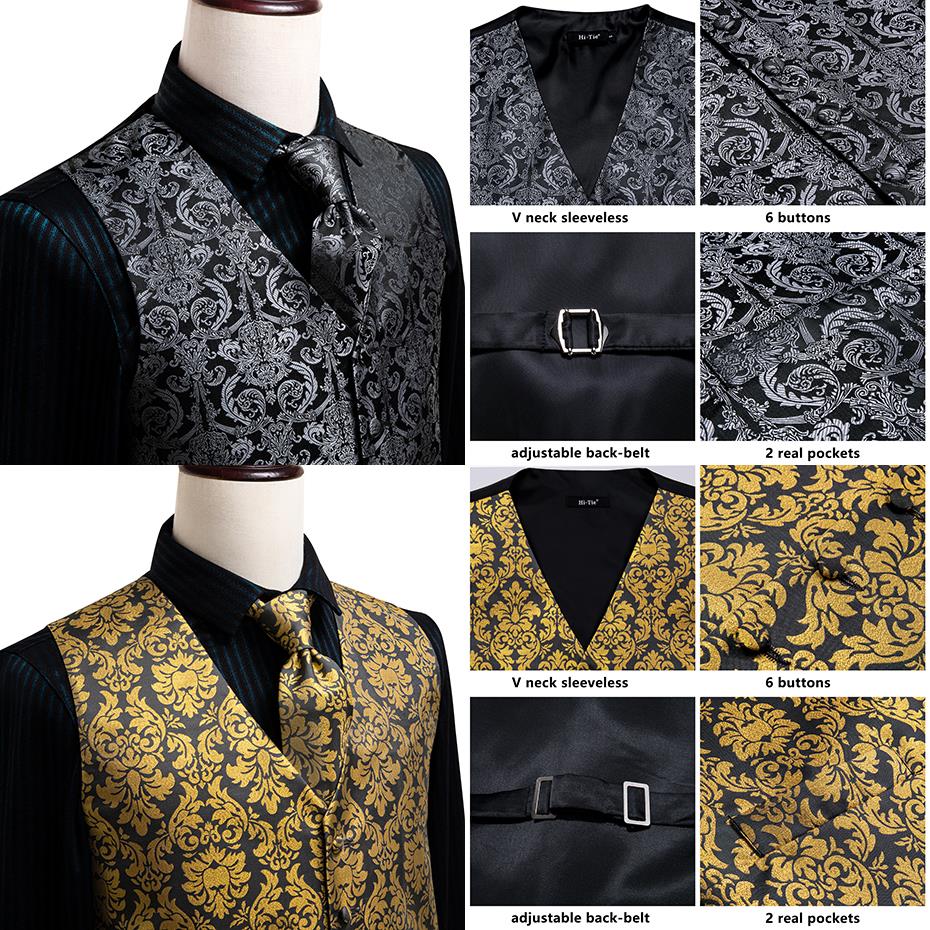 Luxury men's vest and tie set featuring paisley, floral, and plaid silk designs in blue, gold, red, and silver for wedding attire.