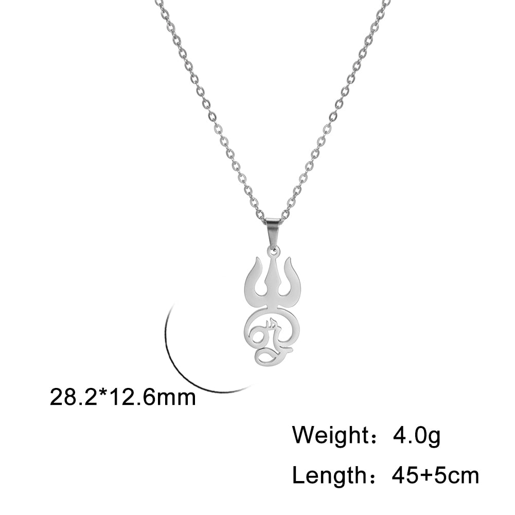 Stainless steel Tamil Om Aum symbol with trident pendant chain, vintage Shiva yoga jewelry, designed by The Clothing Company Sydney.