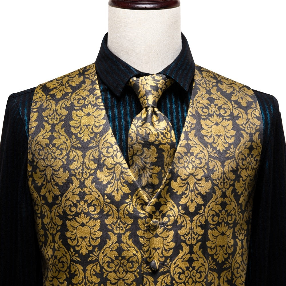 Luxury men's vest and tie set featuring paisley, floral, and plaid silk in blue, gold, red, and silver for wedding suits.