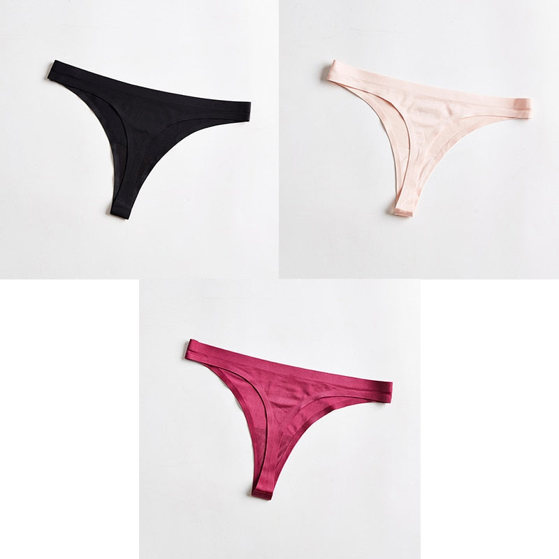 Three-pack of seamless ice silk thong underwear from The Clothing Company Sydney, featuring T-back G-string style for women.