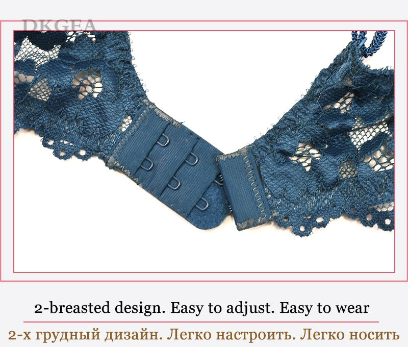 Blue lace embroidery lingerie set with push-up bra and matching panties, featuring deep V design and available in A, B, C cups.