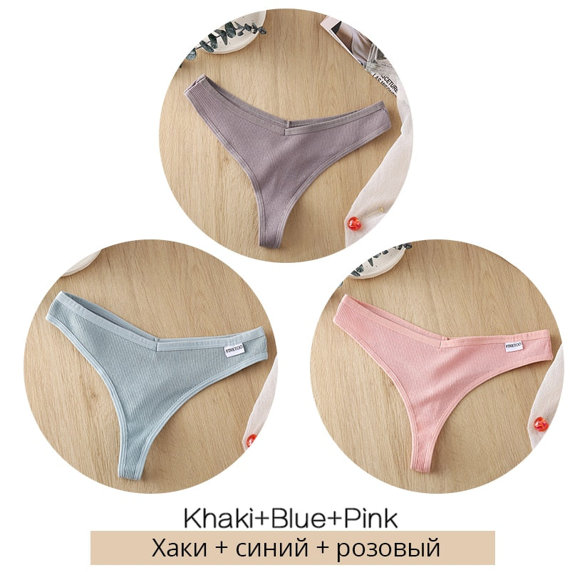 Three-pack women's cotton mix thong panties from The Clothing Company Sydney, low waist G-strings with breathable Brazilian style lingerie.
