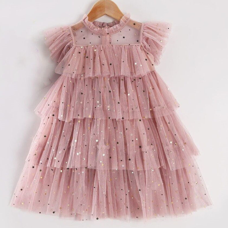 Kids summer princess dress by The Clothing Company Sydney featuring sleeveless layered tulle, floral accents, perfect for beach or birthday parties.