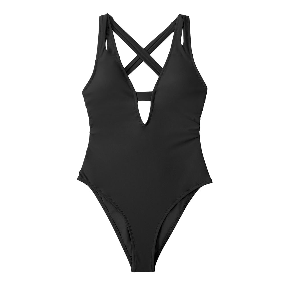 Solid dark blue one-piece swimsuit by The Clothing Company Sydney featuring a deep V-neck, backless design, and X-back detail.