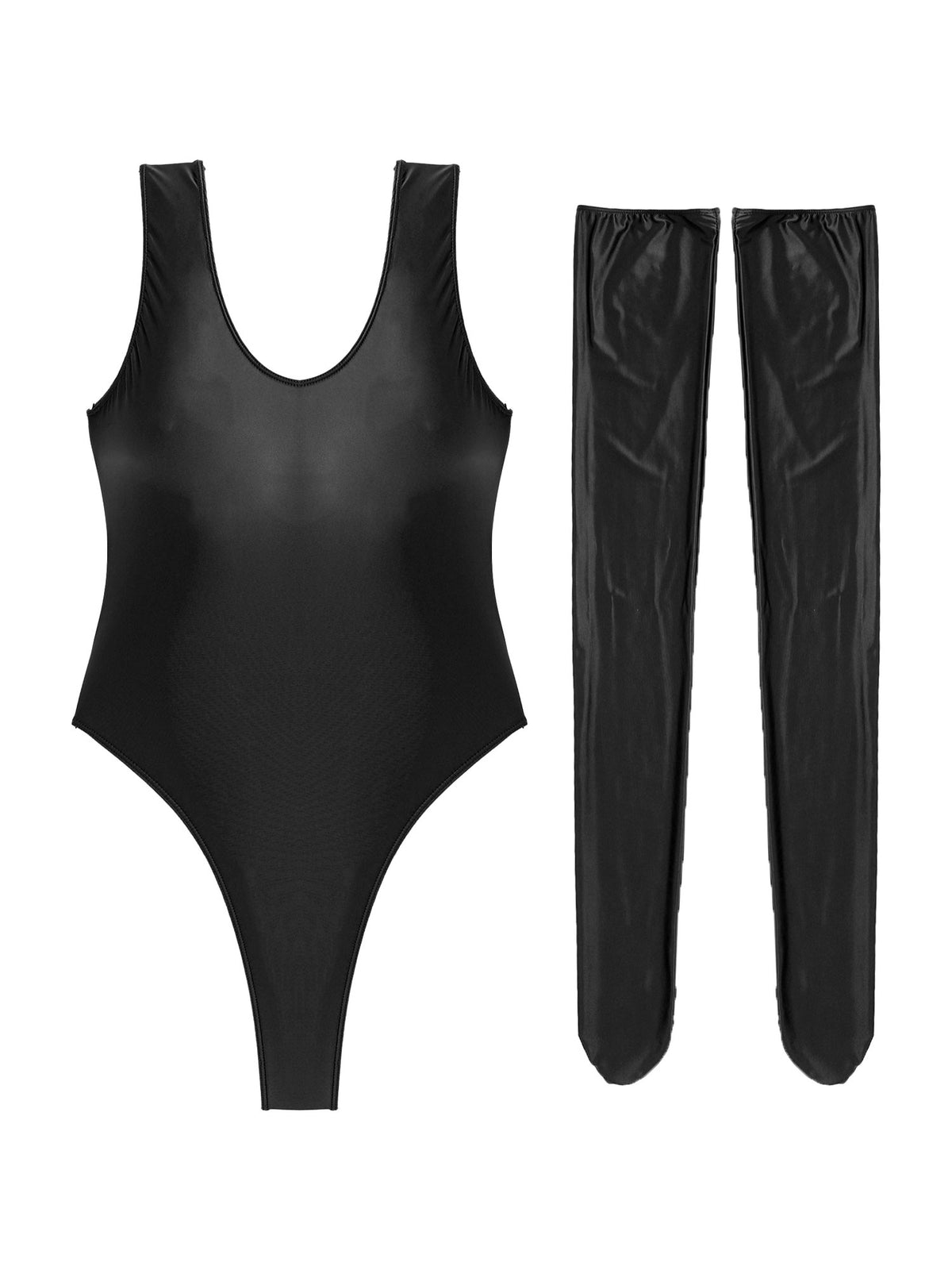 Women's glossy stretchy swimsuit by The Clothing Company Sydney, sleeveless high-cut swimwear with slim fit bodysuit and stocking details.