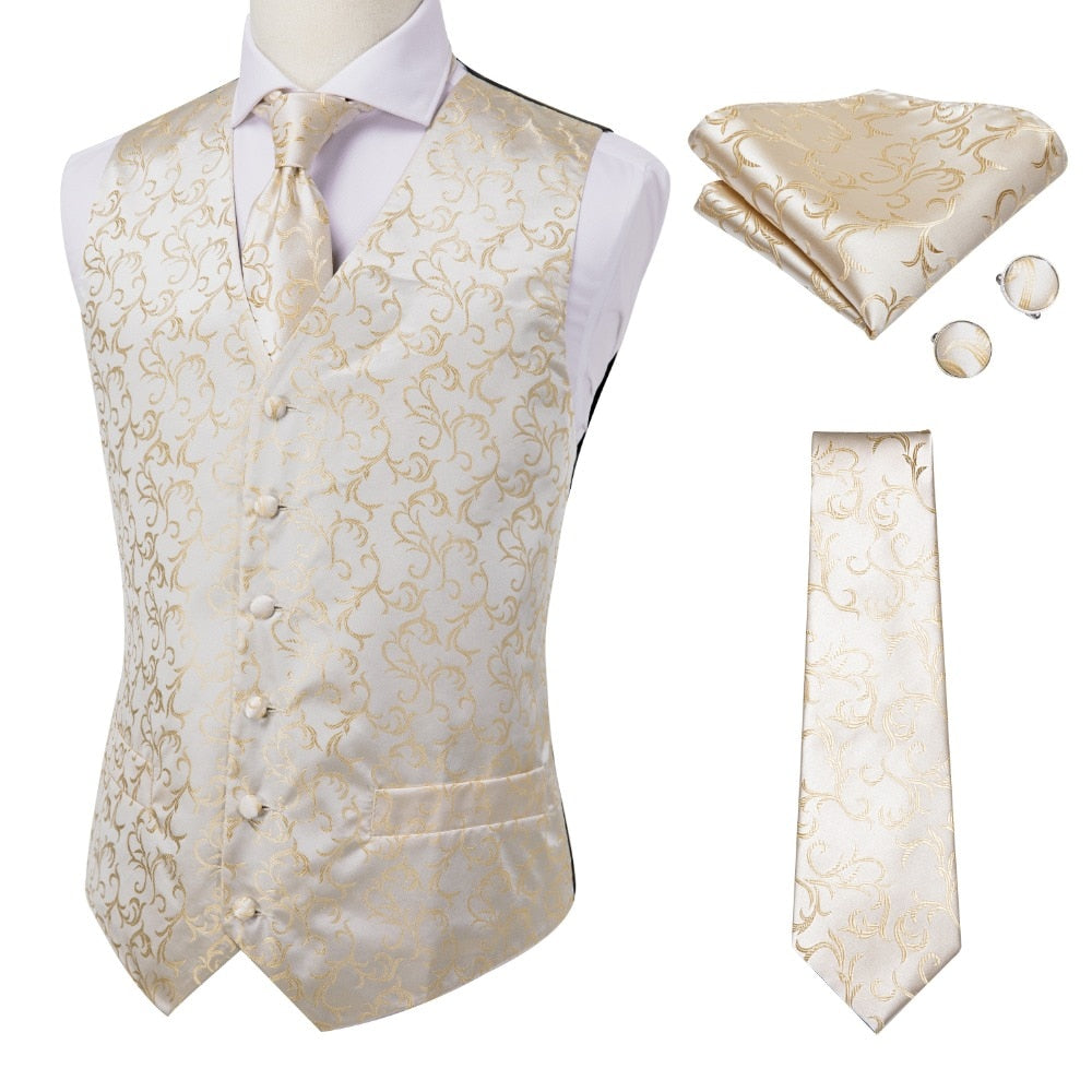 Men's luxury vest and tie set featuring paisley, floral, plaid patterns in blue, gold, red, and silver for formal occasions.