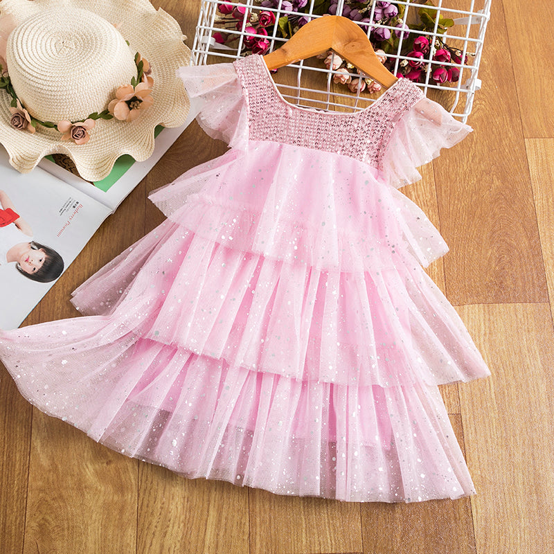 Kids' summer princess dress by The Clothing Company Sydney, sleeveless layered tulle costume with floral accents and cake-themed design