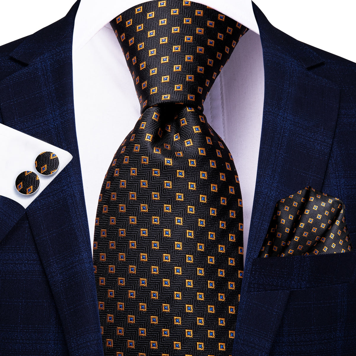 Three-piece men's tie set including a blue and black striped silk necktie, pocket square, and cufflinks from The Clothing Company Sydney.