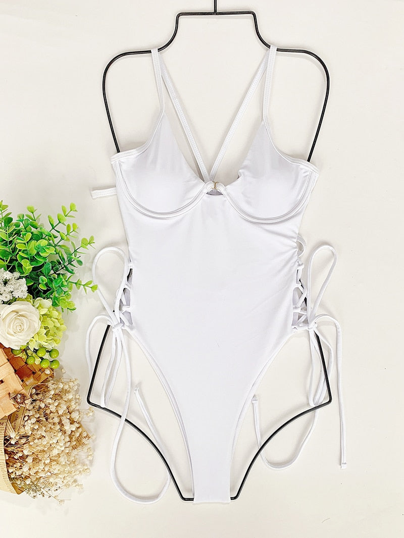 Backless bandage one-piece swimsuit by The Clothing Company Sydney featuring cut-out design and bodycon fit, perfect for beachwear.