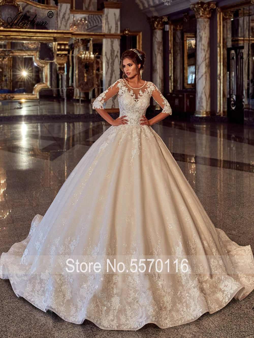 Shiny beaded wedding dress with lace-up back, puffy skirt, half sleeves, O-neck design, by The Clothing Company Sydney.