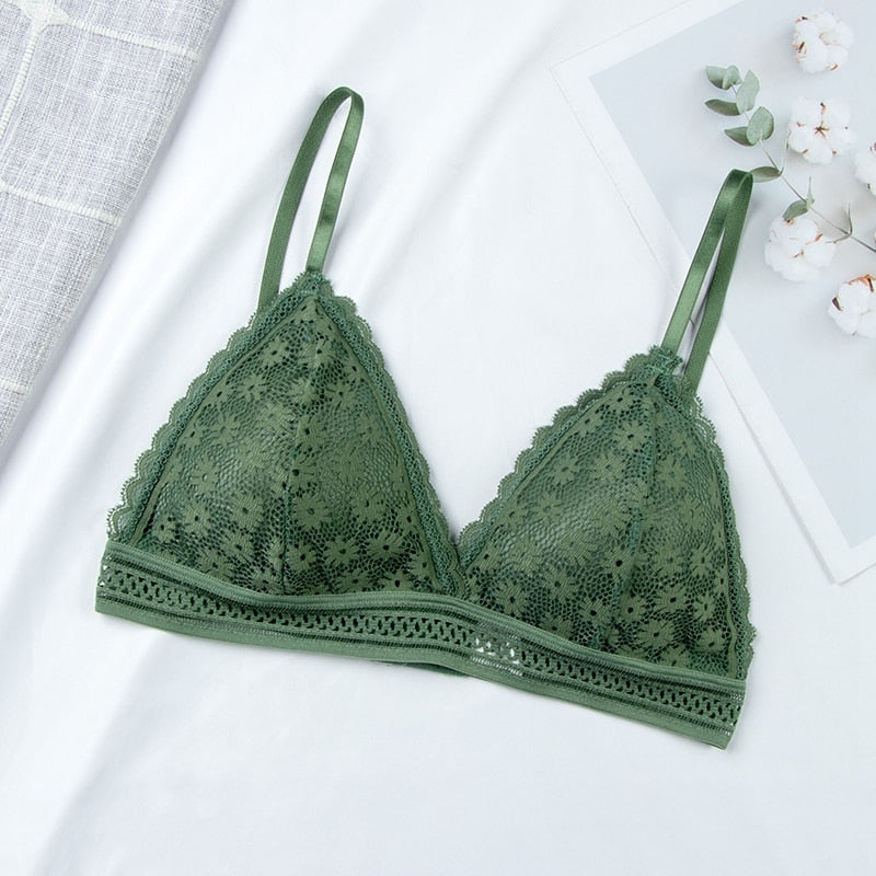 Floral lace bra top from The Clothing Company Sydney featuring push-up support, breathable fabric, removable pads, wireless design.