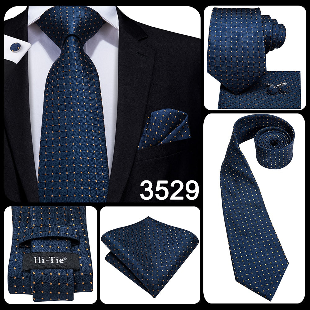 Blue silk men's business tie with dot pattern, plaid cufflinks, and set for wedding or professional attire.
