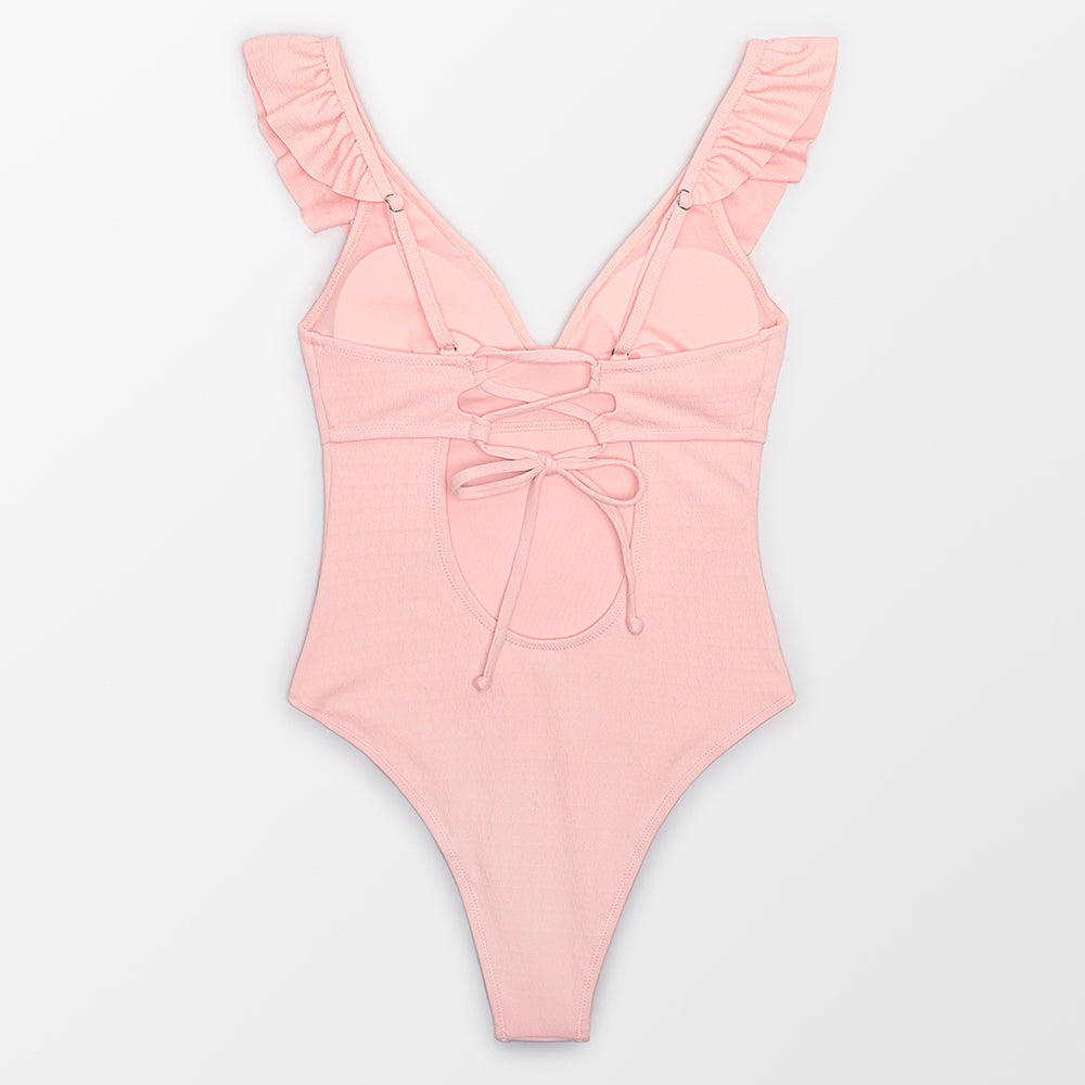 Solid black ruffled one-piece swimsuit with lace-up front from The Clothing Company Sydney, perfect for beach or pool.