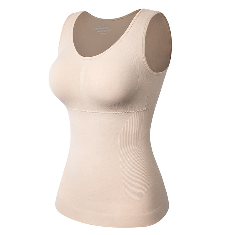 The Clothing Company Sydney shapewear tank top with built-in bra, wide straps, sleeveless design, and removable bra support.