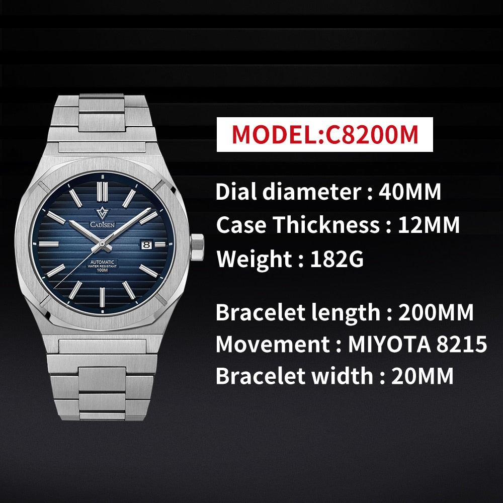 Cadisen men's diver watch with sapphire crystal, automatic Miyota 8215 movement, German design, black dial, and 10Bar water resistance