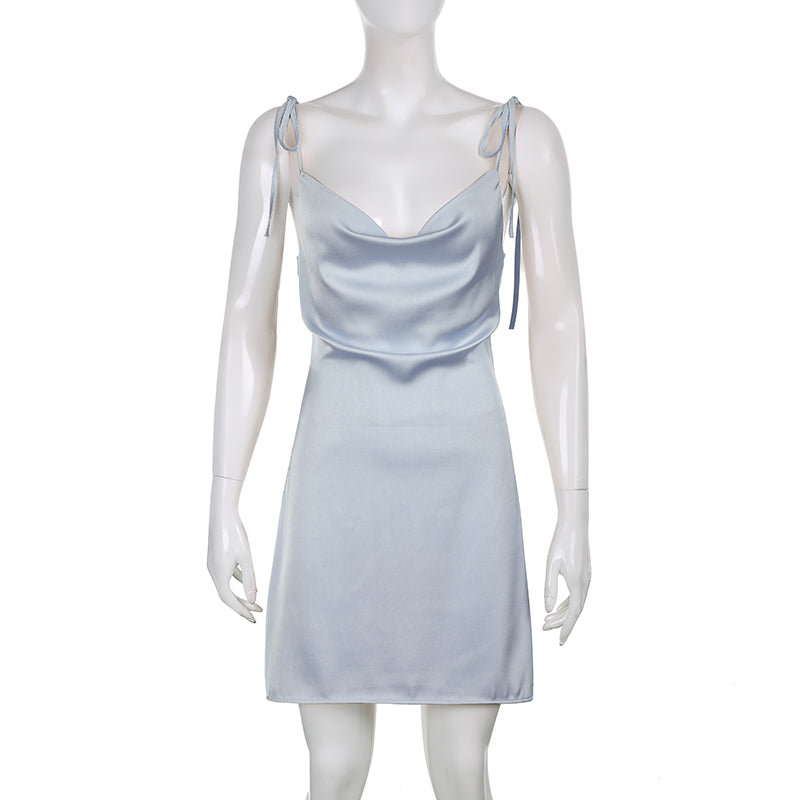 Black satin backless sleeveless mini sundress with strappy design, casual summer dress by The Clothing Company Sydney.
