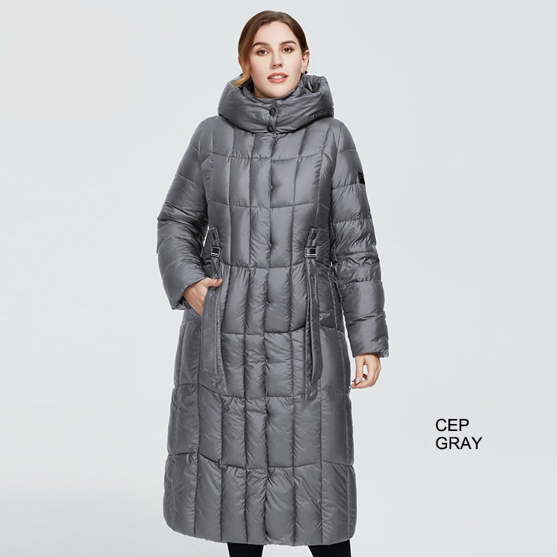 Long women's winter parka by The Clothing Company Sydney, warm plaid coat with hood, thick and stylish for large sizes