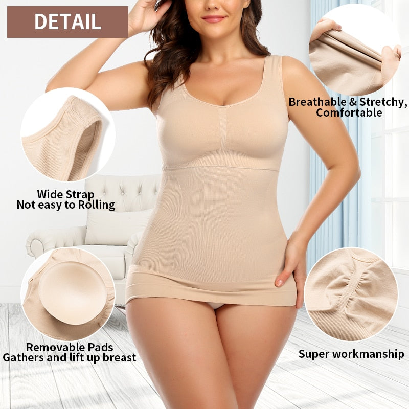 Shapewear tank top with built-in shelf bra, wide straps, sleeveless design, and removable bra support by The Clothing Company Sydney.