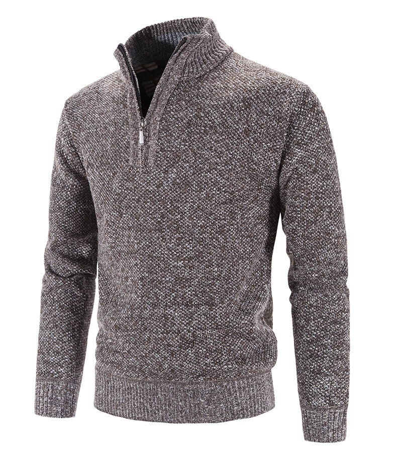 Men's winter fleece sweater from The Clothing Company Sydney featuring a half zipper, turtleneck, slim fit, warm knitted pullover.