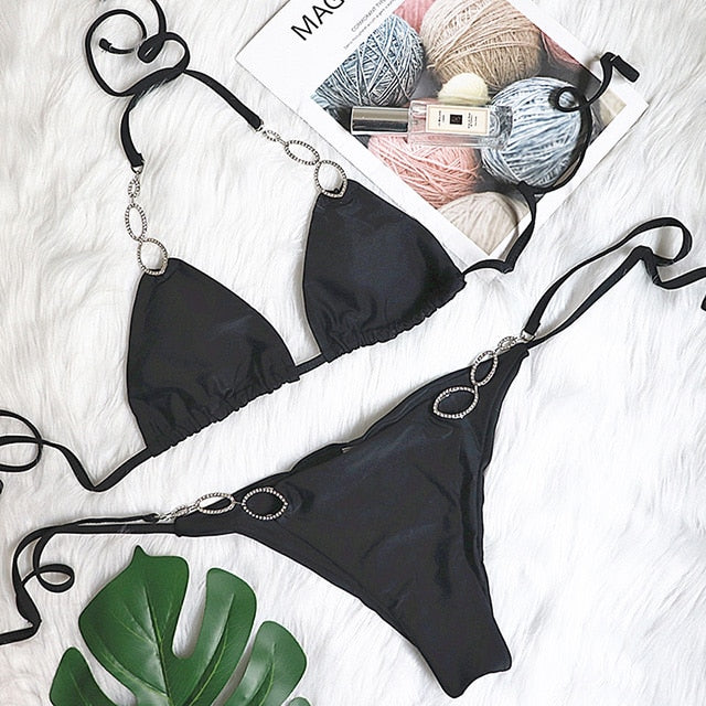 Shiny crystal diamond bikini halter bandage swimsuit with rhinestones, Brazilian style, by The Clothing Company Sydney.