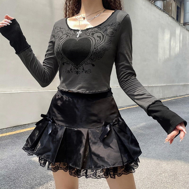 Dark academia gothic women's crop top featuring grunge retro heart print, perfect for fall fashion from The Clothing Company Sydney.