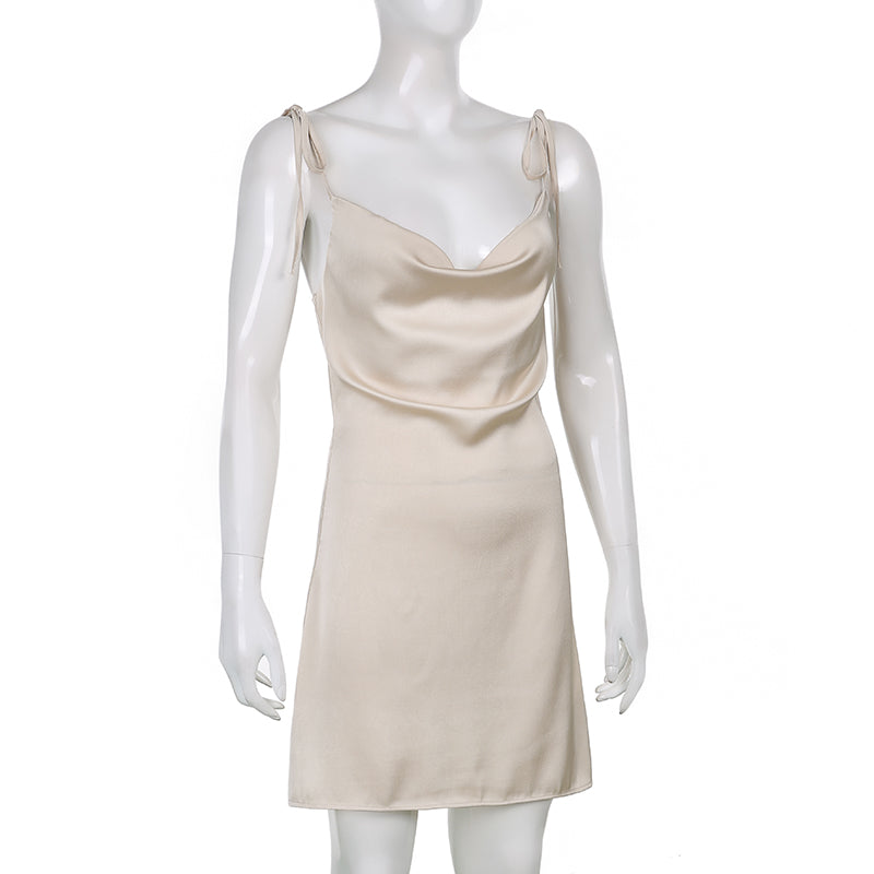 Backless satin sundress with strappy design from The Clothing Company Sydney, sleeveless, mini length, perfect for summer casual wear.
