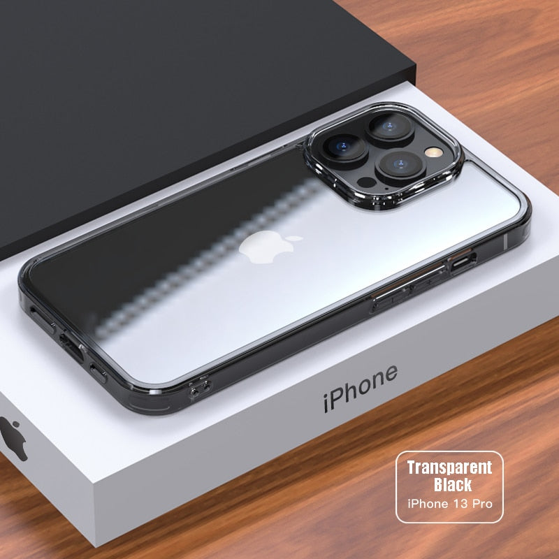 Clear tempered glass phone case for iPhone 11, 12, 13, 14, XS Max, and more, showing a slim transparent hard cover.
