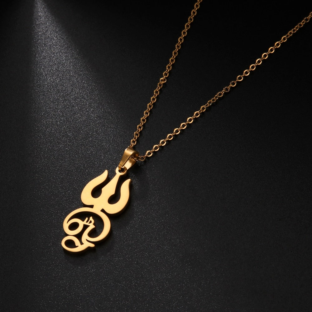 Stainless steel necklace featuring Tamil Om Aum symbol with trident pendant, vintage Shiva Om yoga jewelry, chain style.