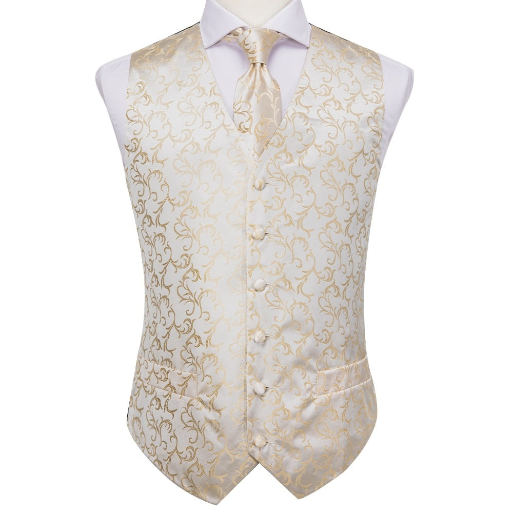 Mens luxury silk vest and tie set with paisley, floral, plaid patterns in blue, gold, red, silver for wedding or formal wear