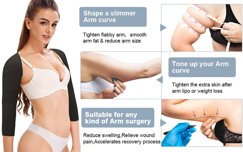 Black arm shaper and back support body shaper by The Clothing Company Sydney, featuring shoulder corrector and anti-cellulite design.
