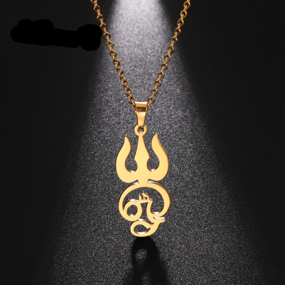 Stainless steel Tamil Om Aum symbol chain with trident pendant, vintage Shiva yoga jewelry, made by The Clothing Company Sydney
