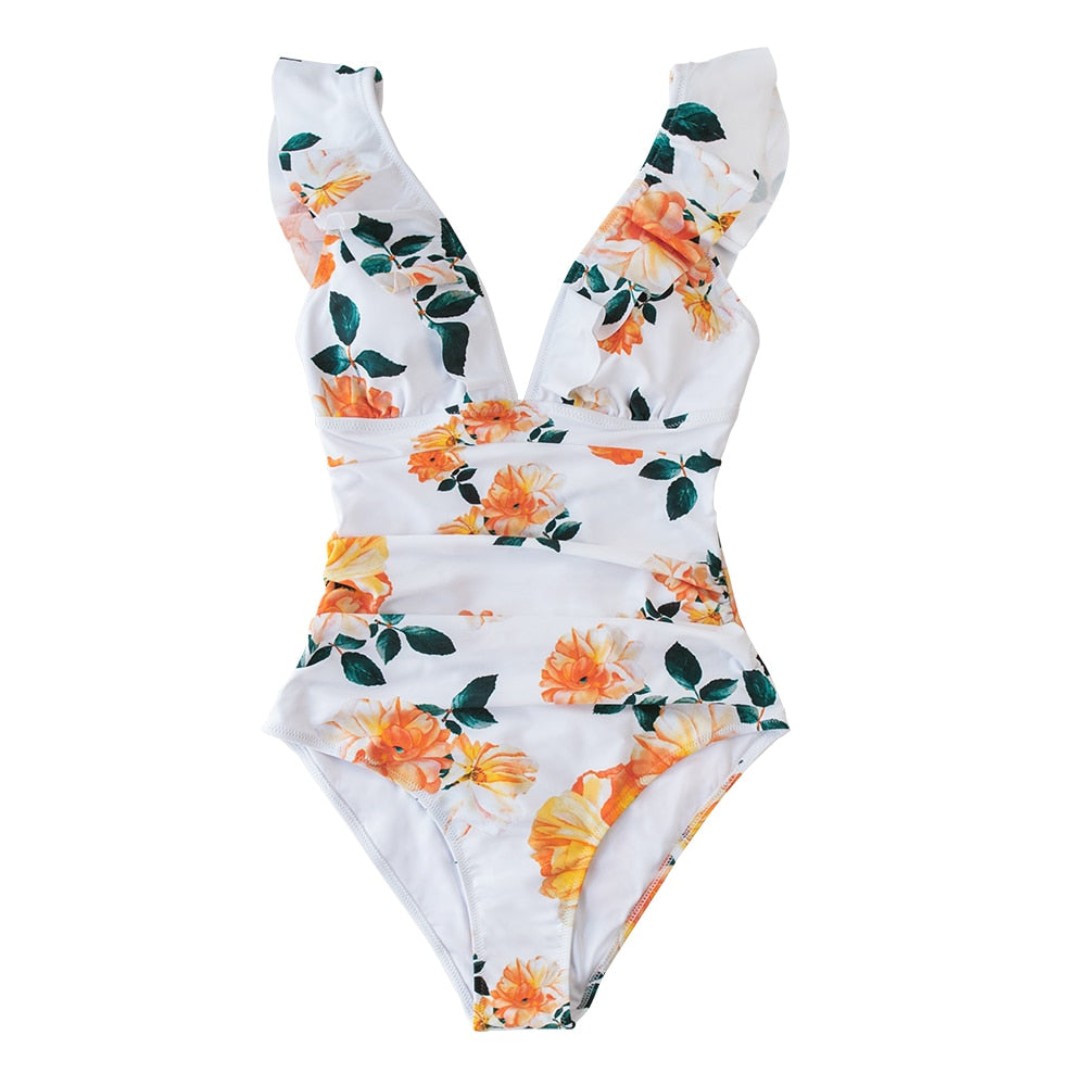 Solid black ruffled one-piece swimsuit with lace-up detail from The Clothing Company Sydney, perfect for beach and poolside wear.
