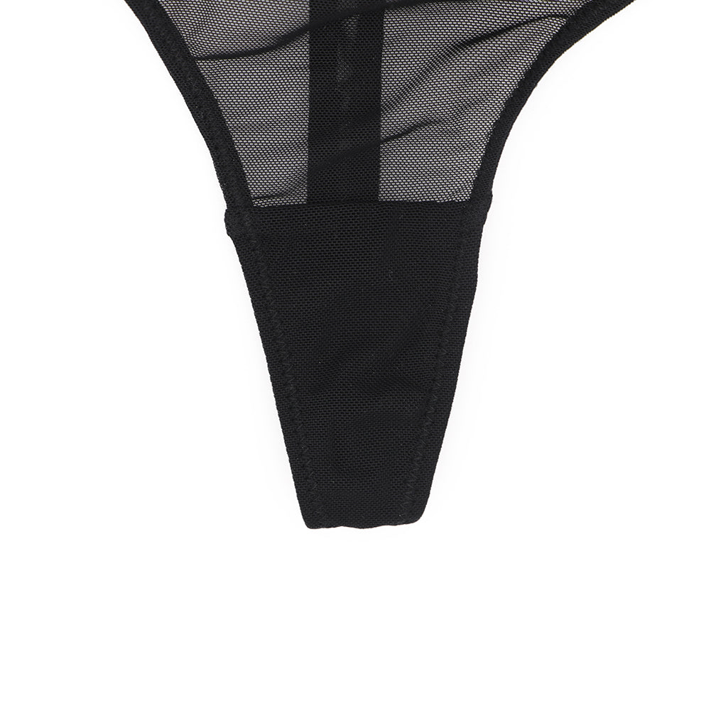 Ultra-thin transparent yarn lingerie set with bras, garters, thongs, and stockings from The Clothing Company Sydney, displayed on a mannequin.