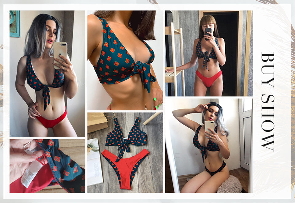 Reversible floral V-neck thong bikini set by The Clothing Company Sydney, featuring a two-piece swimsuit with beach-ready design.